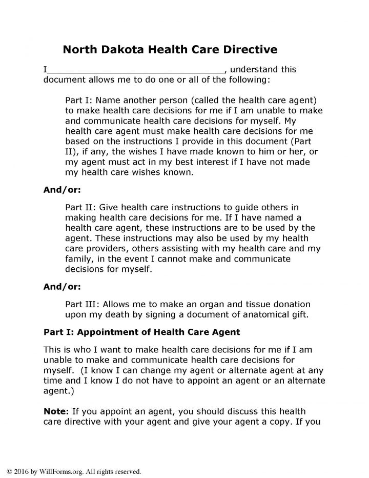 North Dakota Advance Health Care Directive(Living Will) Form