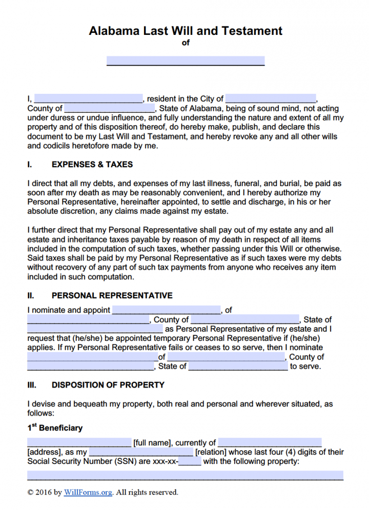 Alabama Blank Printable Last Will And Testament Forms
