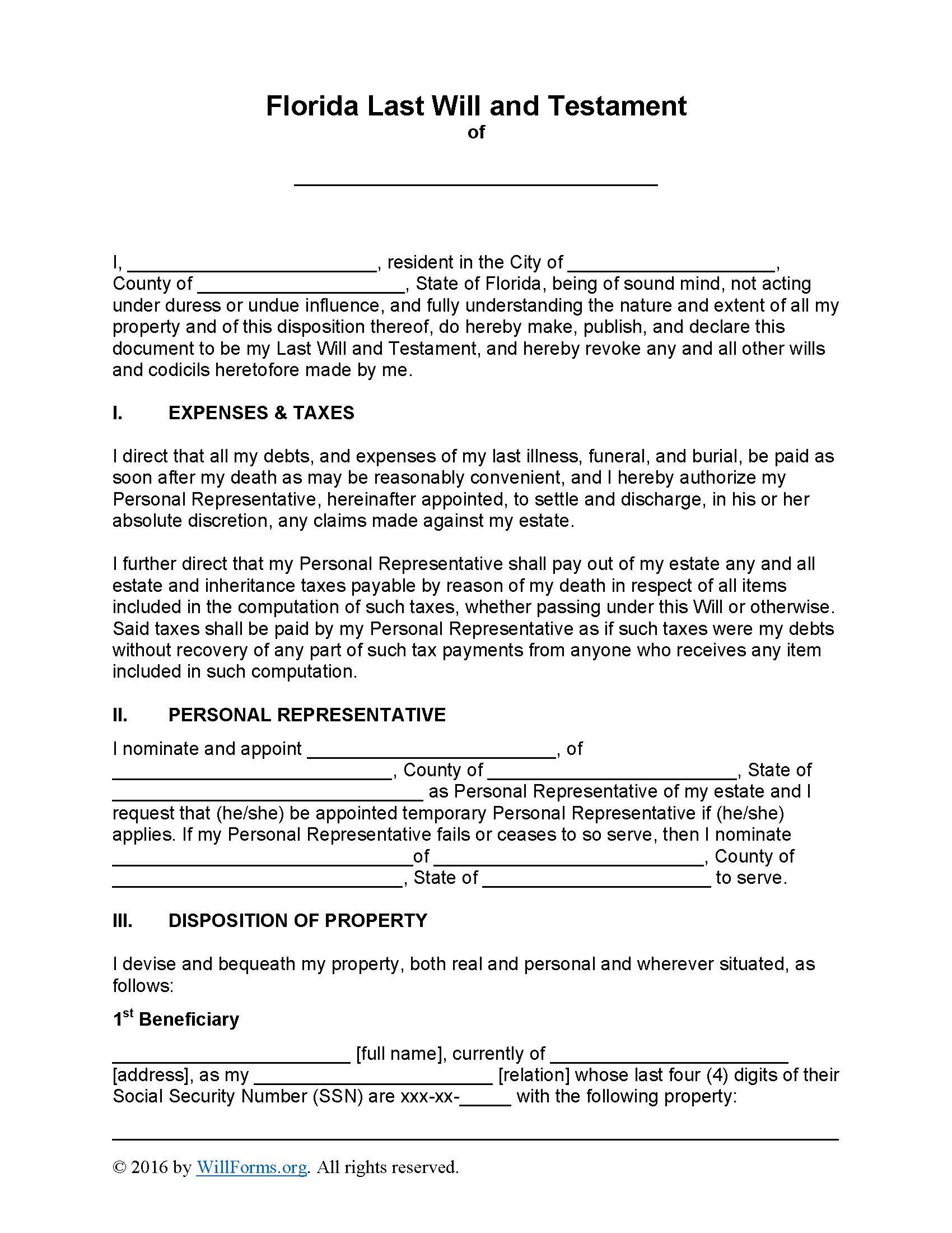 Florida Last Will and Testament Form