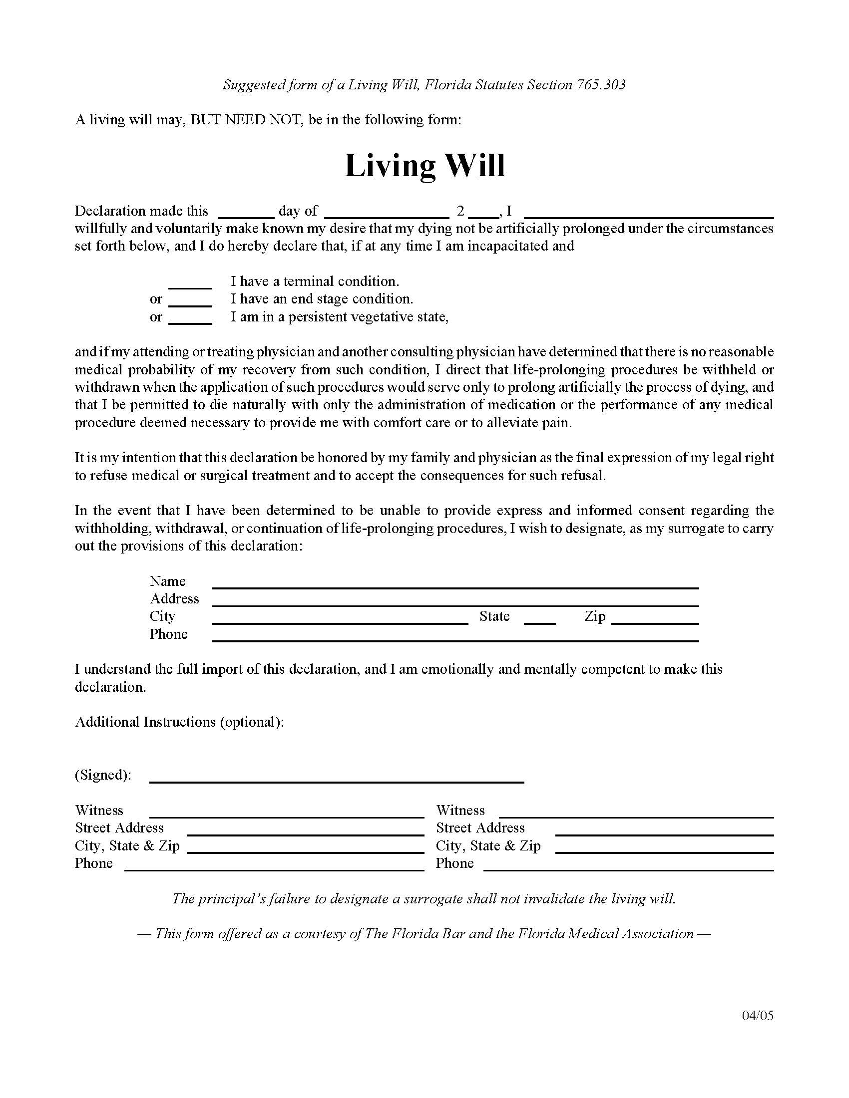 Florida Living Will Form Will Forms Will Forms   Florida Living Will Form 