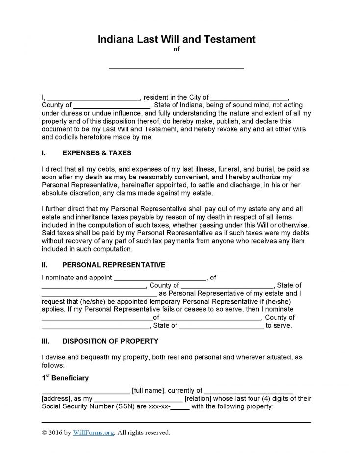 Indiana Last Will and Testament Form