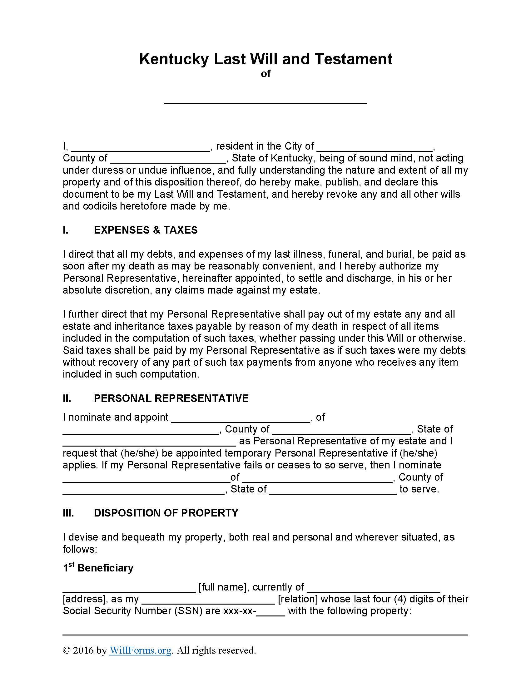 Kentucky Last Will and Testament Form