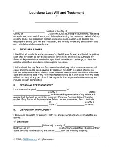 Louisiana Last Will and Testament Form - Will Forms : Will Forms