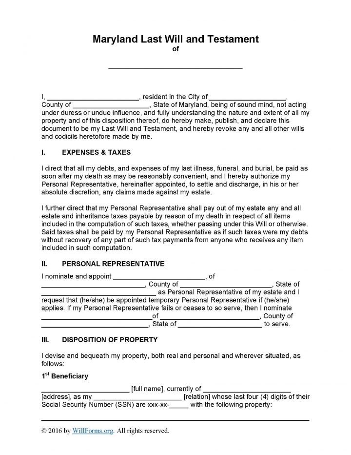 Maryland Last Will and Testament Form