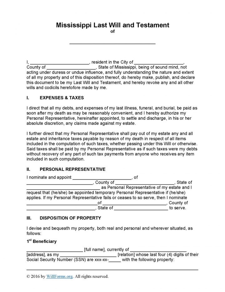 Mississippi Last Will and Testament Form