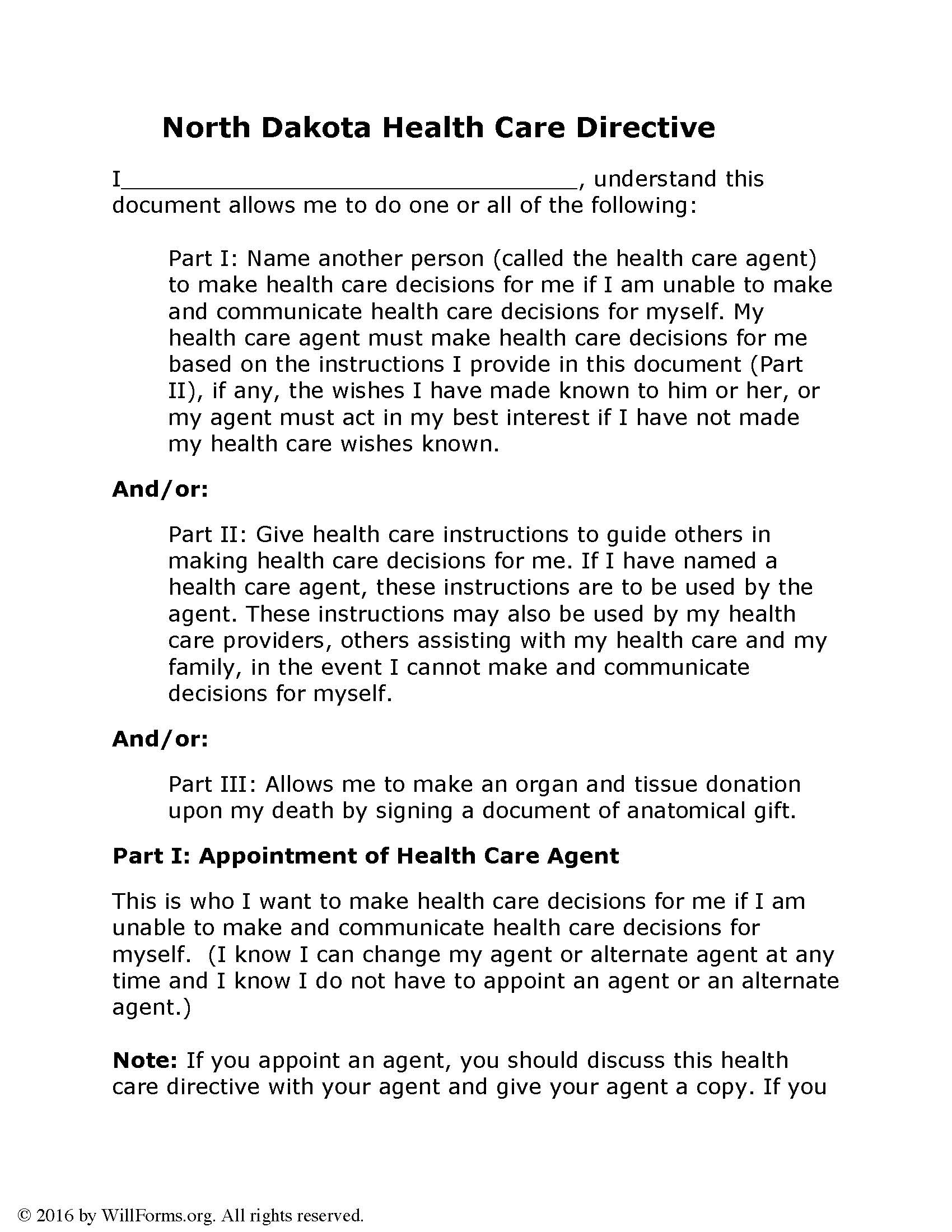 North Dakota Advance Health Care Directive(Living Will) Form