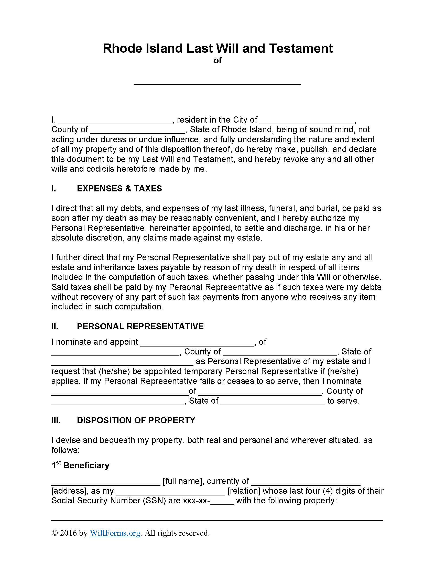 Rhode Island Last Will and Testament Form