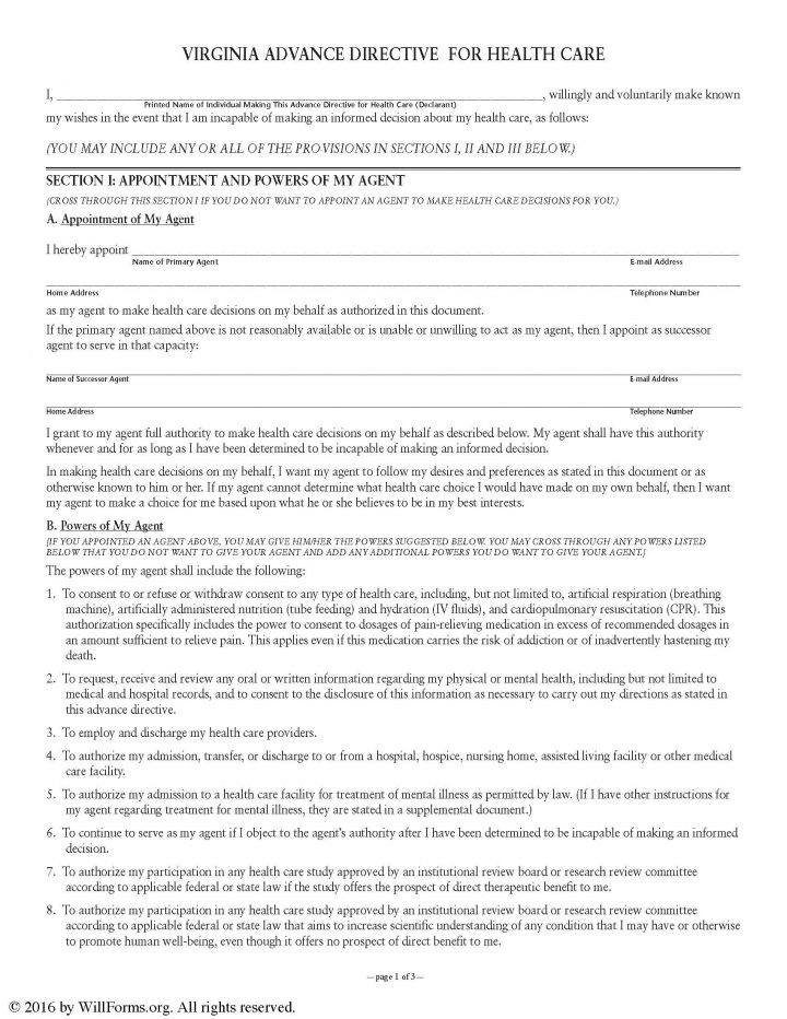 Virginia Advance Health Care Directive Living Will Form Will Forms 