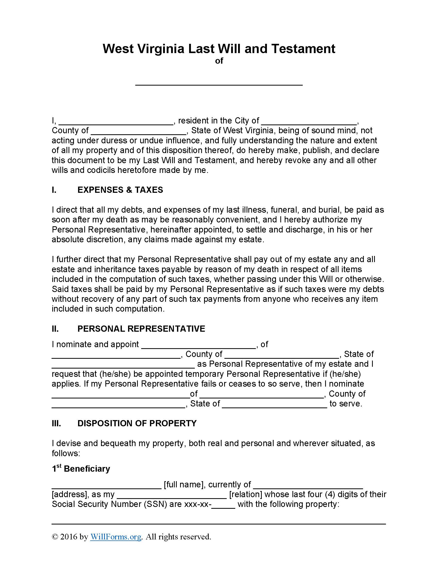 West Virginia Last Will and Testament Form