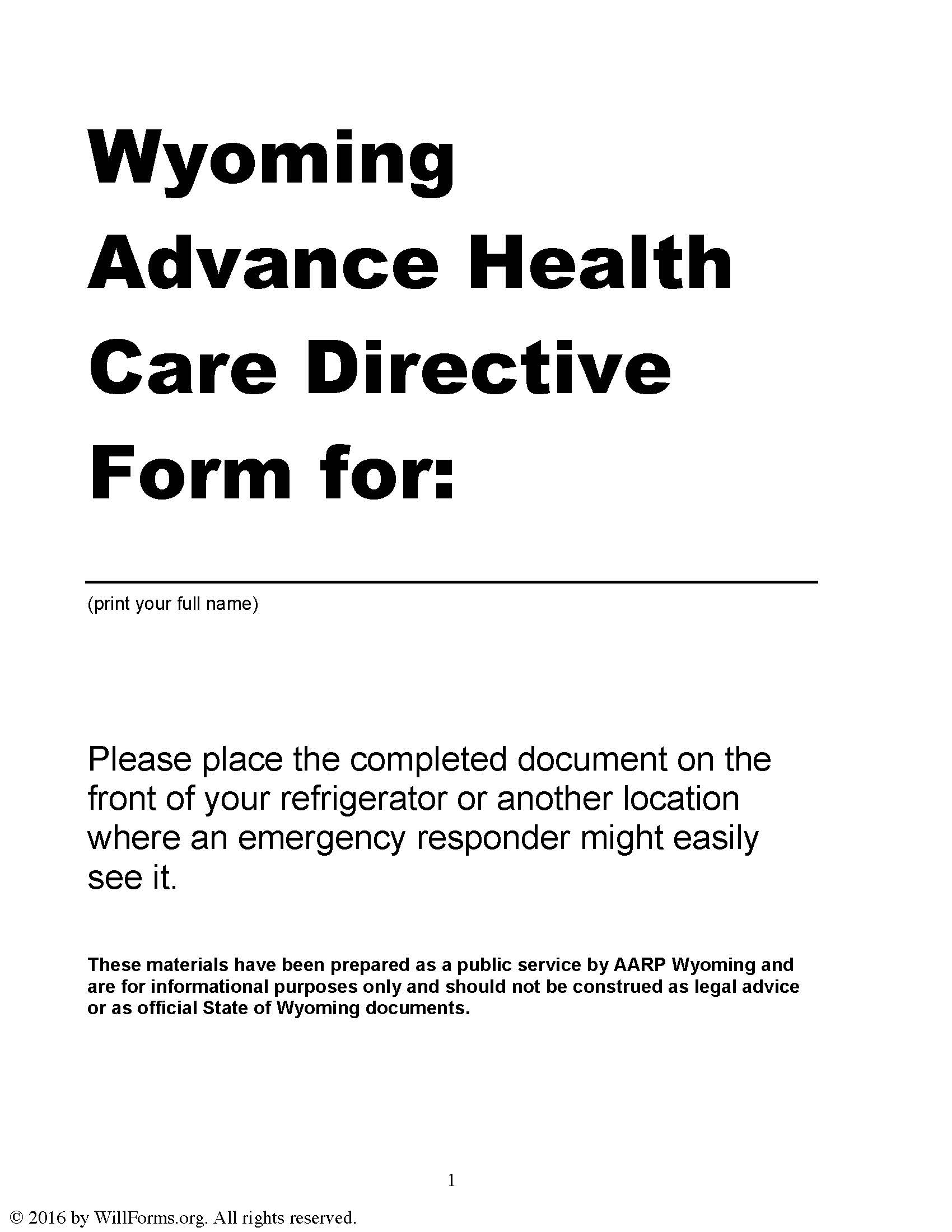 Wyoming Advance Health Care Directive(Living Will) Form