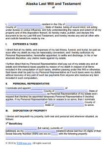 Alaska Last Will and Testament Form - Will Forms : Will Forms